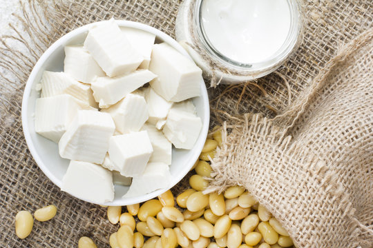 Fresh organic soy products:soy milk, soy yogurt, soy chese tofu and soy beans