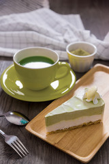 sweet delicious dessert , japanese green tea mousse cake with matcha cup