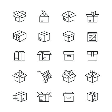 Box related icons: thin vector icon set, black and white kit