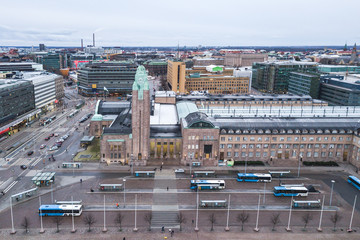 Aerial view of railway station and bus station in Helsinki Finland.