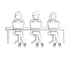 young women in office chair and desk with laptop computer vector illustration design