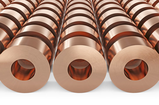 Copper sheets in rolls. Warehouse of copper rolls, isolated on white background, clipping path included. 3d illustration.