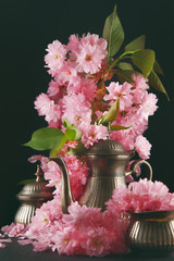 old, vintage antique mocha coffee pot decorated with cherry blossom flowers, dark moody shot, can be used as background