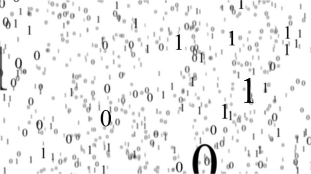 Binary code in cyberspace. Black zero and a one on a white background. Animated matrix.