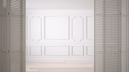 White folding door opening on classic empty space with stucco mouldings and parquet floor, vintage interior design
