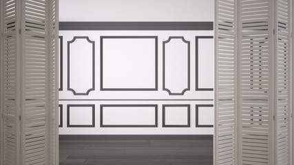 White folding door opening on classic empty space with stucco mouldings and parquet floor, vintage interior design