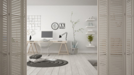 White folding door opening on modern scandinavian minimalist home workspace, white interior design, architect designer concept, blur background