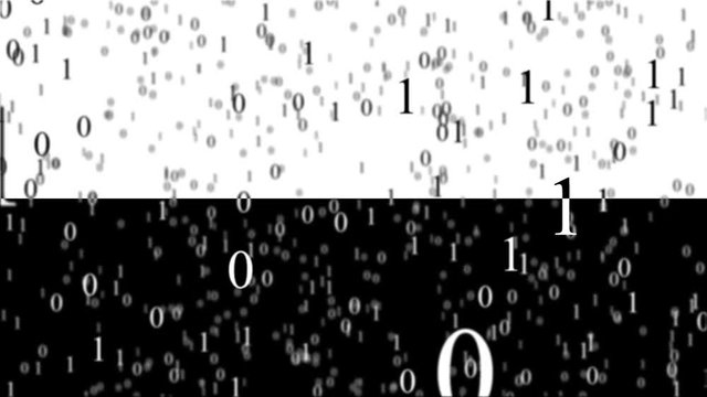 Binary code in cyberspace. Black zero and one on a white background with a gradient pass into a black background and become white numerals. Animated matrix.