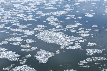 pieces of broken ice on the river