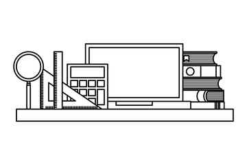 computer books ruler calculator on wooden shelf vector illustration thin line