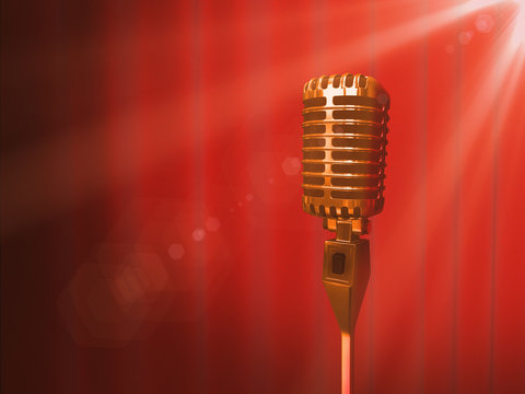 Vintage golden microphone and red curtain backdrop. 3D render illustration.