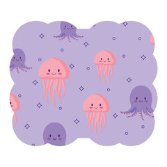 decorative frame with cute jellyfish and octopus pattern over white background, vector illustration