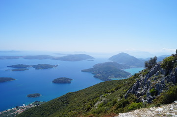 Fototapeta na wymiar View of the islands from Mount Scaros of Lefkada Island