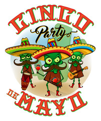Cinco de Mayo party poster with cute zombies mariachi musician. Good for party poster, stickers, t-shirt, invitation greeting cards.  