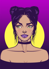 Glamorous girl poster. Vector illustration of female with chocker necklace, trendy make up and hairstyle on ultraviolet gradient background. Print, sticker, invitation card or tee shirt print.