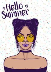 "Hello Summer" - glamorous girl poster. Vector illustration of female with chocker necklace, yellow sunglasses, trendy make up and hairstyle. Print, sticker, invitation card or t-shirt print.