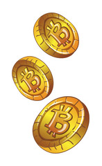 Golden bitcoins. Vector illustration of golden coin with letter B in cartoon style. 