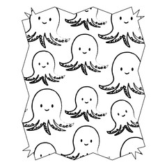 sketch of abstract frame with cute octopus pattern over white background, vector illustration