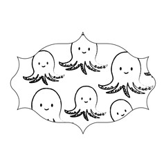 sketch of arabic frame with cute octopus pattern over white background, vector illustration