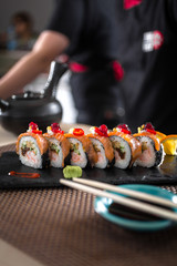 sushi rolls set in Japanese restaurant