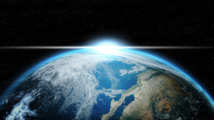Earth in deep space with lighting sunlight. Group of stars on black background. Astronomy and science concept. Blue Marble Global and Dark planet theme. Elements of this image furnished by NASA.