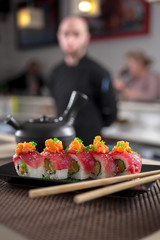 sushi rolls set in Japanese restaurant