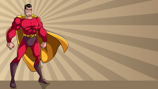 Smiling superhero standing tall on abstract ray light background with copy space.