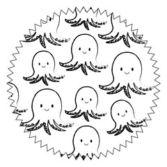 sketch of seal stamp with cute octopus pattern over white background, vector illustration