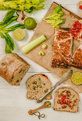Sandwich with salmon steak baked in the coals, Bread, chia and pumpkin seeds. Rustic style from above, top view