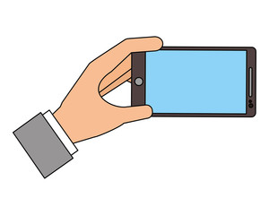 hand holds smartphone gadget technology vector illustration