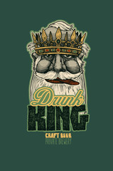 Drunk King, Craft Beer, Private Brewery.  Design Emblem For Label Or T-shirt Print. Hand Drawn Design Element Engraving Style. Vector illustration.