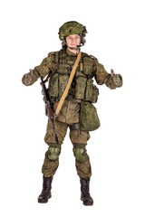 russian special forces soldier with rifle on dark background. army, military and people concept