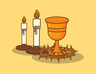 easter celebration design with holy grail and candles icon over yellow background, colorful design. vector illustration