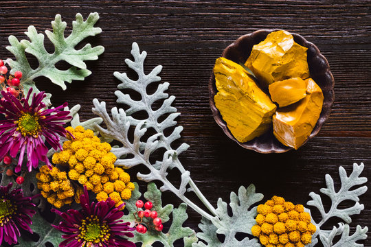 Yellow Jasper with Dusty Miller, Clustered Everlasting and Chrysanthemums