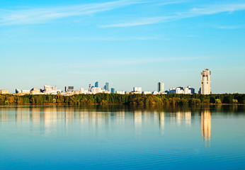 Fototapeta na wymiar Moscow river quay cityscape background