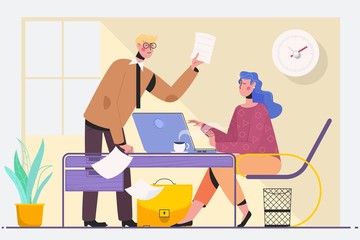 Two experienced business executives in a meeting seated at a table discussing paperwork and information on a laptop computer.Flat vector illustration