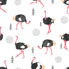 Seamless pattern with watercolor ostrich. Vector trendy background.