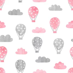 Photo sur Plexiglas Animaux avec ballon Modèle sans couture avec des ballons à air aquarelles et des nuages. Imprimé bébé, design pour enfants.