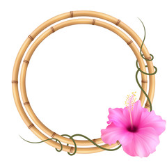 Realistic bamboo frame with hibiscus pink flower.
