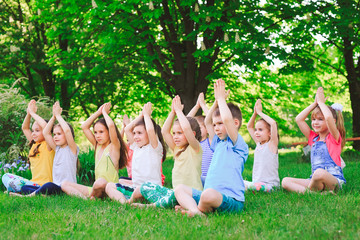 Fototapeta premium A large group of children engaged in yoga in the Park sitting on the grass.