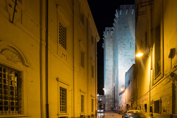 Night view of the elephant tower in the historic center of Cagliari, Sardinia, Italy