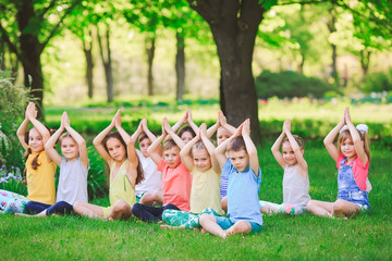A large group of children engaged in yoga in the Park sitting on the grass.
