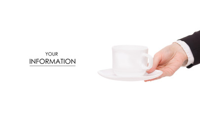 Cup of coffee tea and saucer in female hand business woman pattern