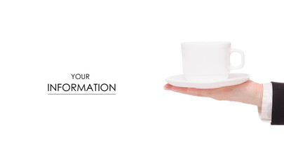 Cup of coffee tea and saucer in female hand business woman pattern