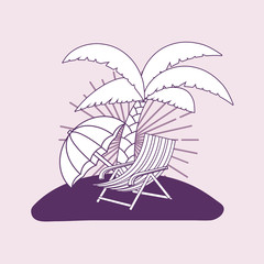 beach with tropical palm with beach seat  over purple background, colorful line design. vector illustration