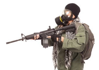 Female doomsday survivor with rifle.