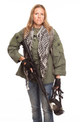 Female doomsday survivor with rifle on white background.