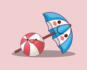 kawaii pool ball and beach parasol over pink background, colorful design. vector illustration