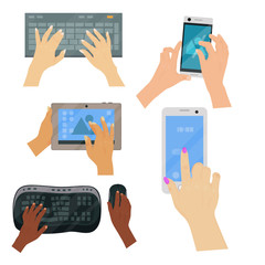 Users hands on keyboard computer touch gestures technology internet work swipe typing tool vector illustration.