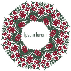 Flower Frame, Summer wreath with place for inscription in the middle, hand-painted on paper. Green, red Floral border for Greeting Card, Wedding postcard or invitation, botanical elements